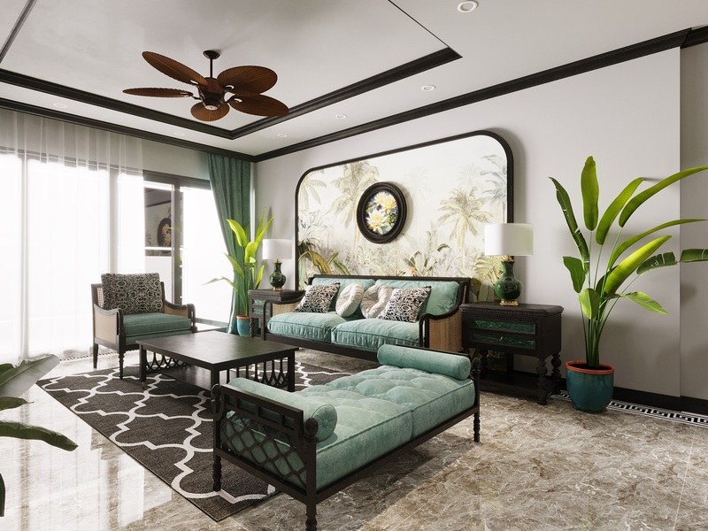 Nội thất màu sắc trắng và xanh chủ đạo 