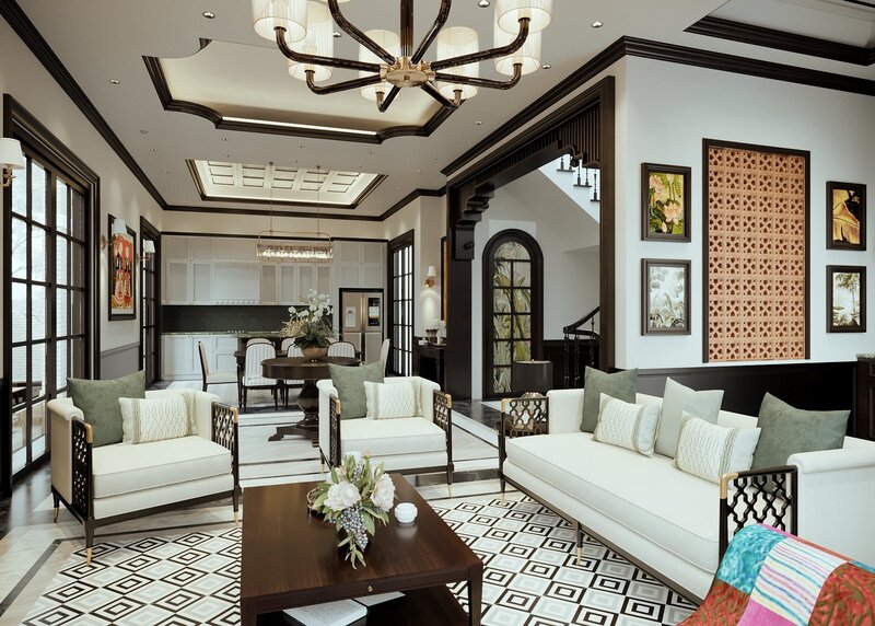 Phong cách Indochine nhiều họa tiết kết hợp nhưng vẫn trang nhã và thuận mắt